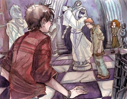 Harry, Ron, and Hermione playing Wizard Chess