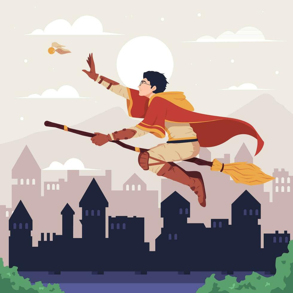 Harry Potter flying on a broomstick attempting to catch the Golden Snitch